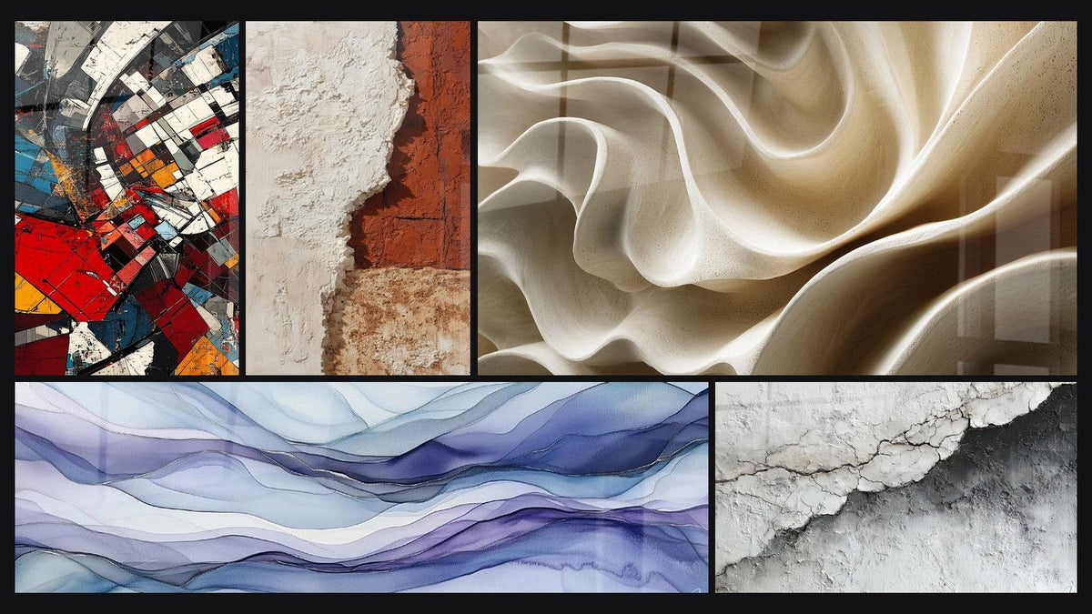 Mosaic of five paintings, including Architectural Revolution Modern and Dreamy Scrolls Periwinkle