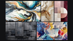Mozaïek van vijf schilderijen, waaronder Gekleurde Stromen en Abstract geometrisch grijs kolen zwart