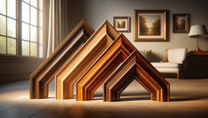 Gros plan de trois échantillons de cadres en bois présentant différentes finitions durables : bois huilé, teinture pénétrante et laque de qualité