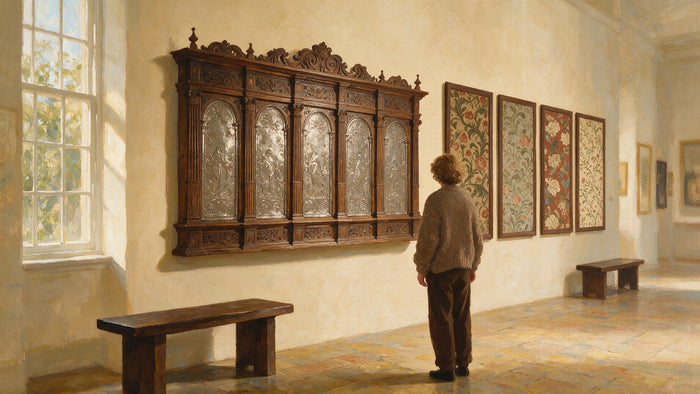 Un visiteur de dos dans une salle de musée, devant un long retable en bois et des motifs floraux encadrés.
