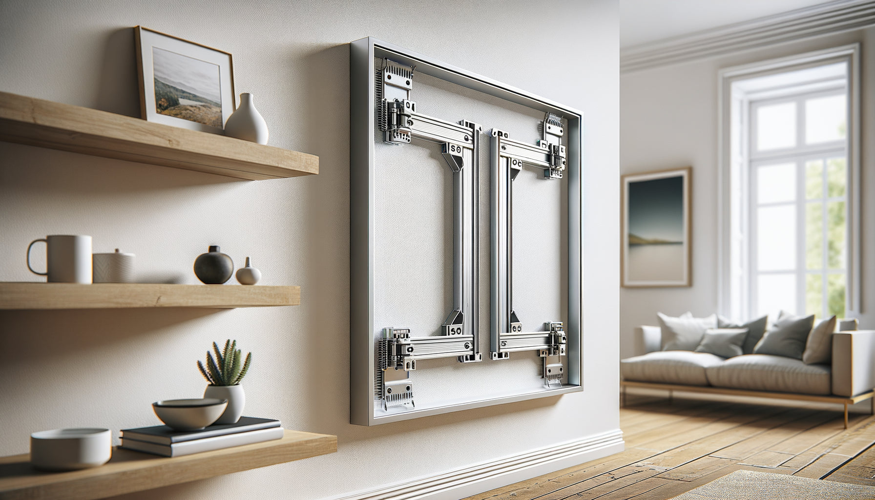 Système de fixation invisible Z-Bar pour suspendre une œuvre lourde près d'étagères murales, détail technique du support caché