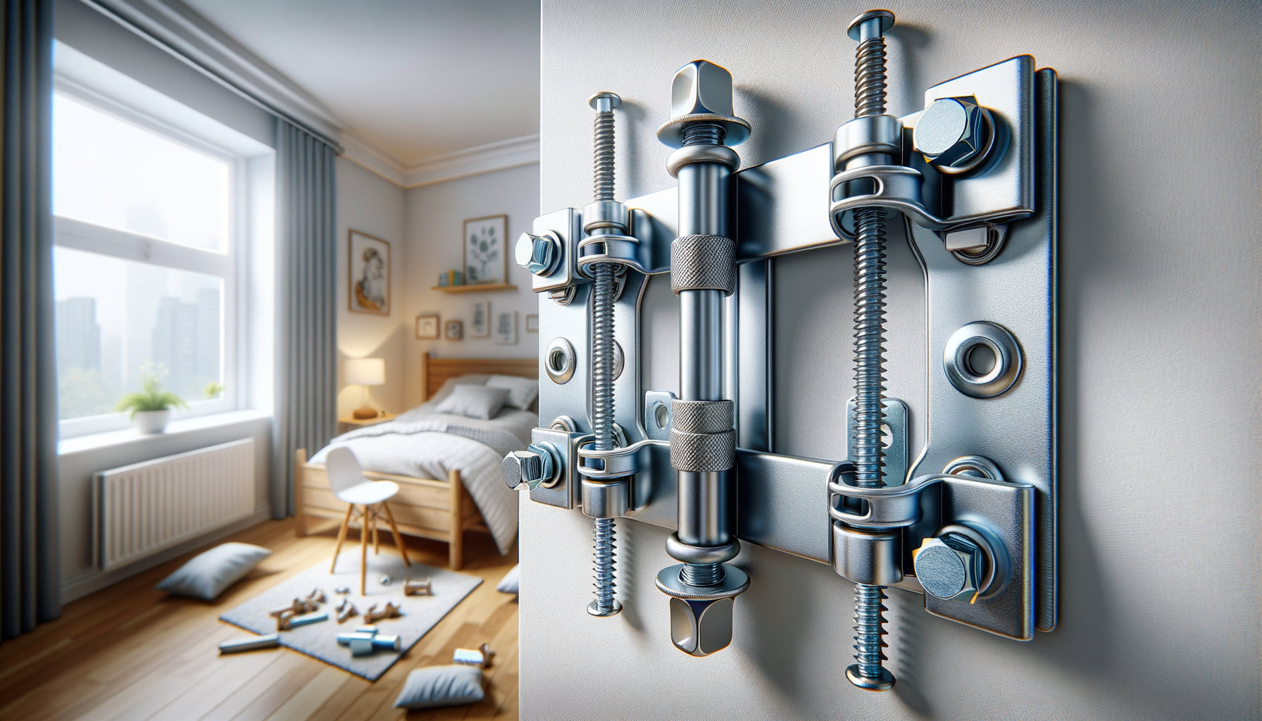 Système de fixation anti-basculement pour sécurité enfant avec chevilles à expansion et sangles métalliques fixées au mur