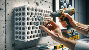 Installation de cheville à expansion dans mur en béton cellulaire pour fixation de tableau lourd, gros plan technique