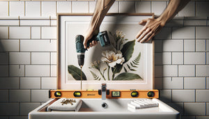 Installation professionnelle d'un tableau sur carrelage de salle de bain avec perceuse et chevilles adaptées
