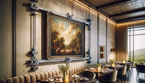 Installation professionnelle de tableau lourd avec système de fixation renforcé dans restaurant haut de gamme