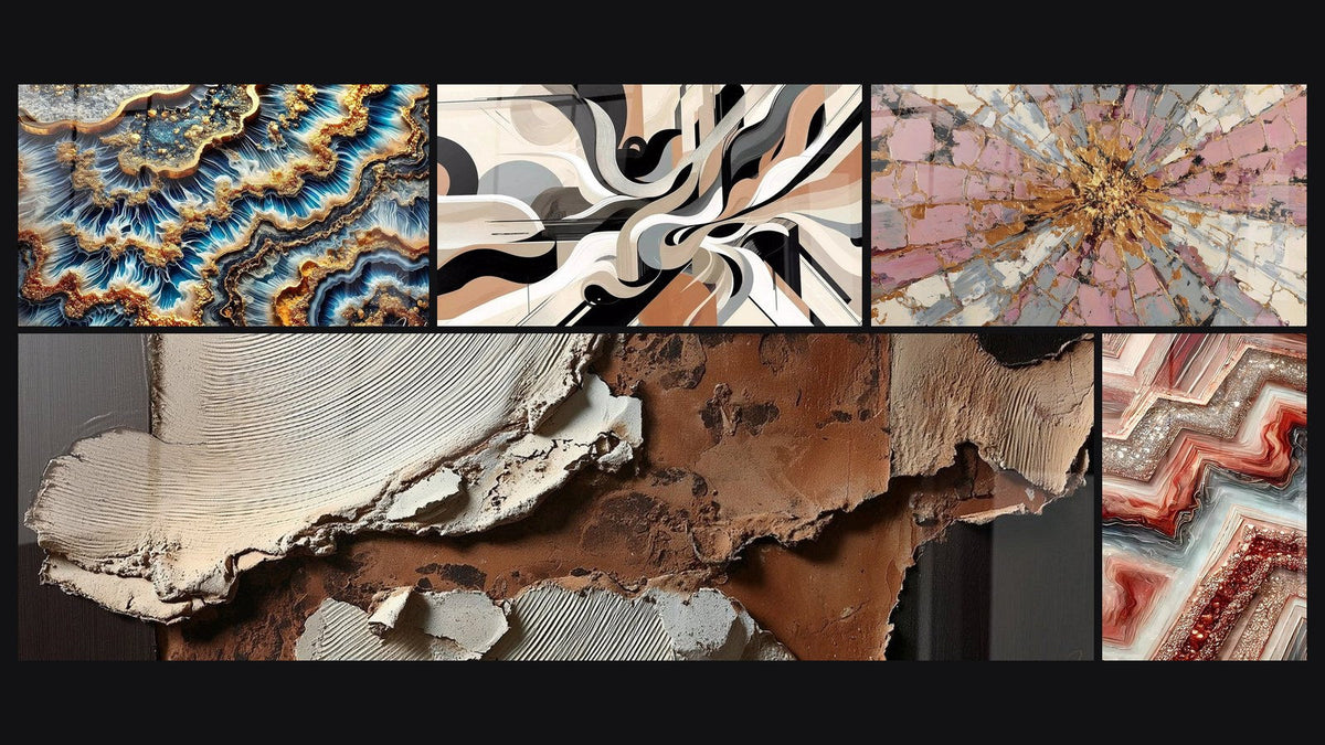 Mosaïque de cinq tableaux, dont Marée Dorée, Textures abstraites terre et blanc cassé et Fusion Géométrique