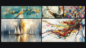 Mozaïek van vijf schilderijen, waaronder Abstracte compositie, 'Dageraad in de Baai' en Moderne Muurschildering