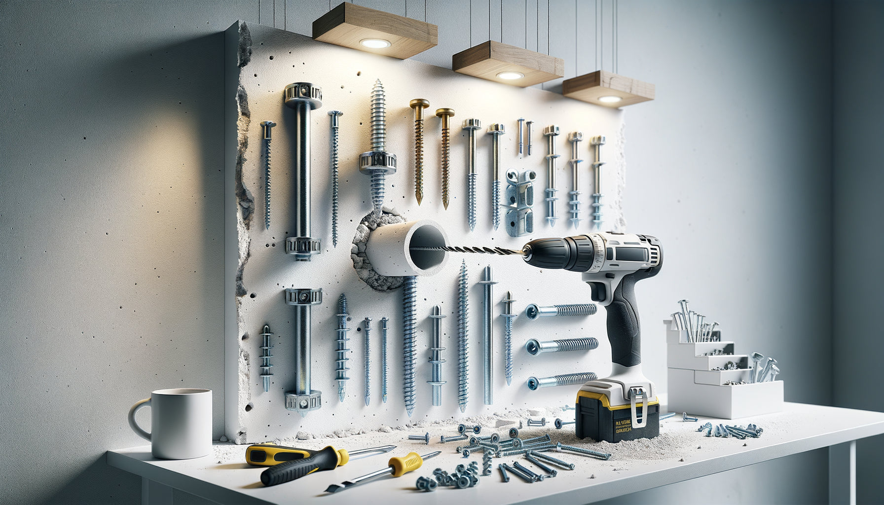 Gros plan de différentes chevilles et fixations murales pour plâtre avec perçage précis, installation professionnelle d'étagères