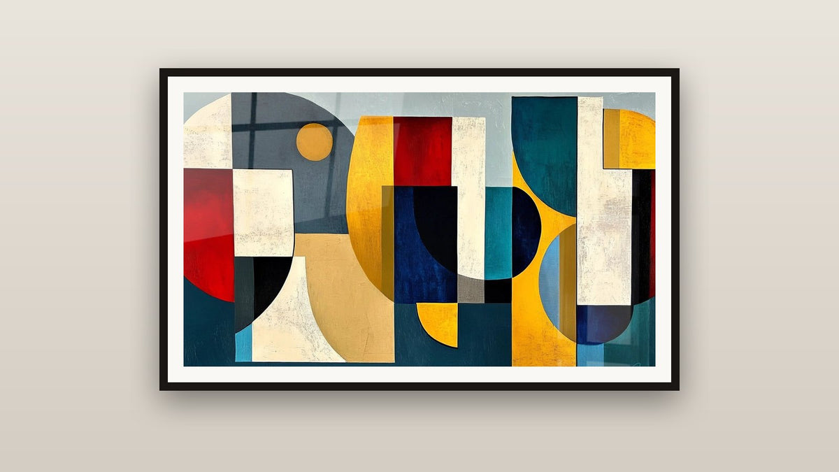 Framed painting on a wall: Colored geometric shapes