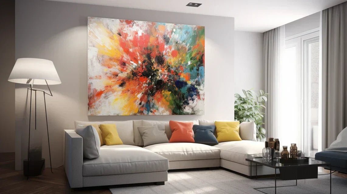 Installation sécurisée d'un tableau massif au-dessus d'un canapé avec système de fixation renforcé et mesures de protection visibles