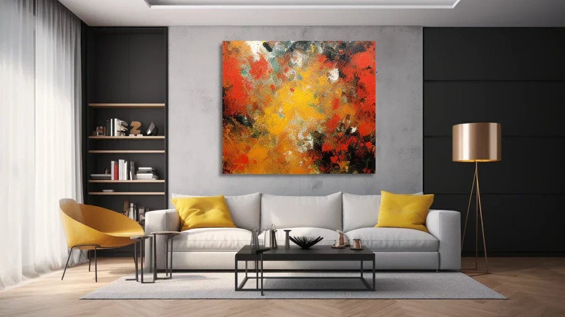 Installation sécurisée d'un tableau XXL avec système de répartition du poids et fixations multiples sur un grand mur de salon