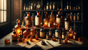 Nature morte de flacons d'apothicaire anciens en verre ambré avec étiquettes manuscrites, ambiance mystérieuse 18ème-19ème siècle