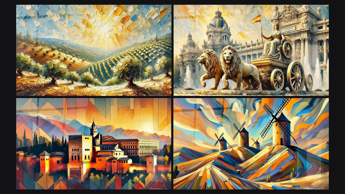 Mosaico de cuatro cuadros, entre ellos España N°4, Granada N°1 y Español N°4