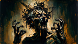 Peinture sombre style Goya représentant la folie, figure tourmentée, griffures expressionnistes, atmosphère hallucinatoire intense