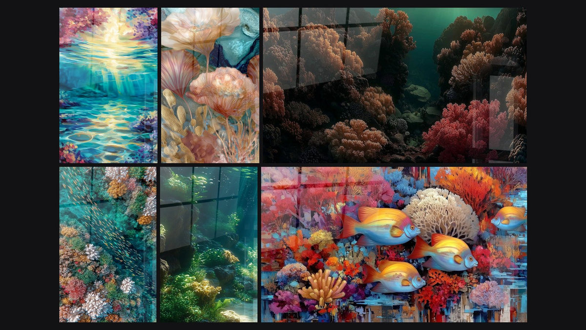 Mosaic of six paintings, including Luminous coral reef, Aquatic Coral Flowers and Tropical Fish School