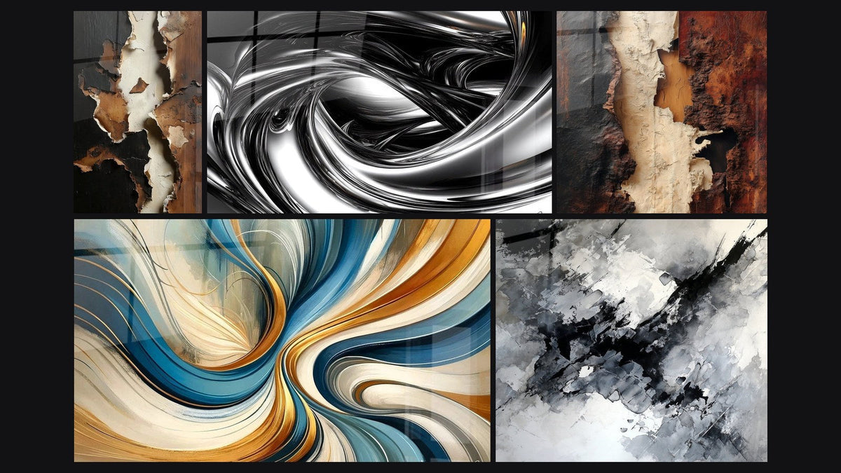 Mosaïque de cinq tableaux, dont Tourbillon métallique et Spirales Élégantes