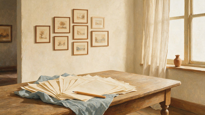 Une salle de galerie lumineuse où de petits dessins encadrés sont accrochés au mur, avec un portfolio de feuilles sur une table en bois.