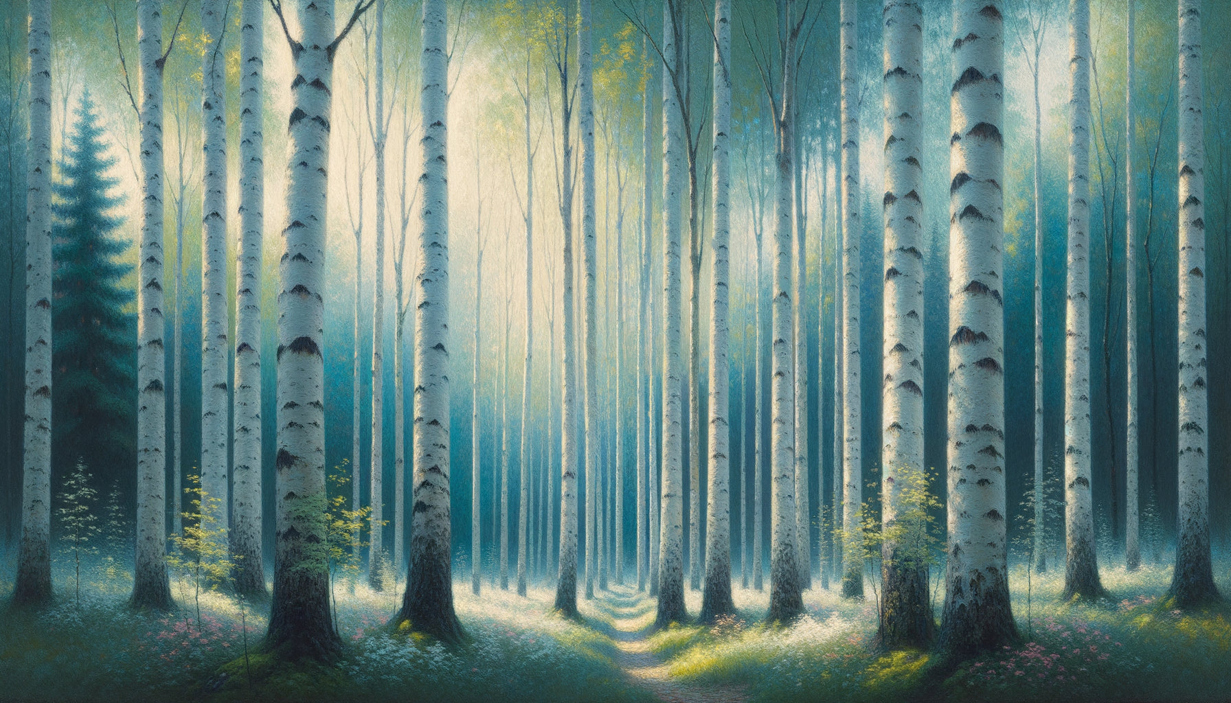 Peinture de forêt de bouleaux scandinave, troncs blancs lumineux, atmosphère pure et apaisante typique de l'art nordique