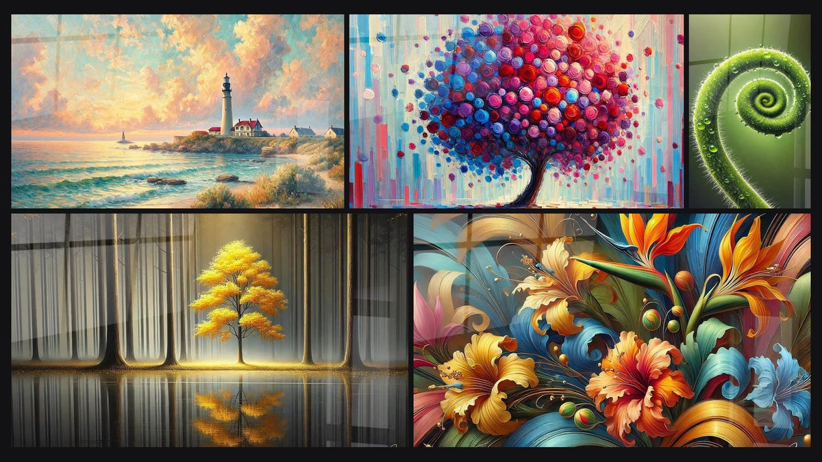 Mosaico di cinque quadri, tra cui Alba sul Faro, Tranquillità Eterna e Albero di Gioia