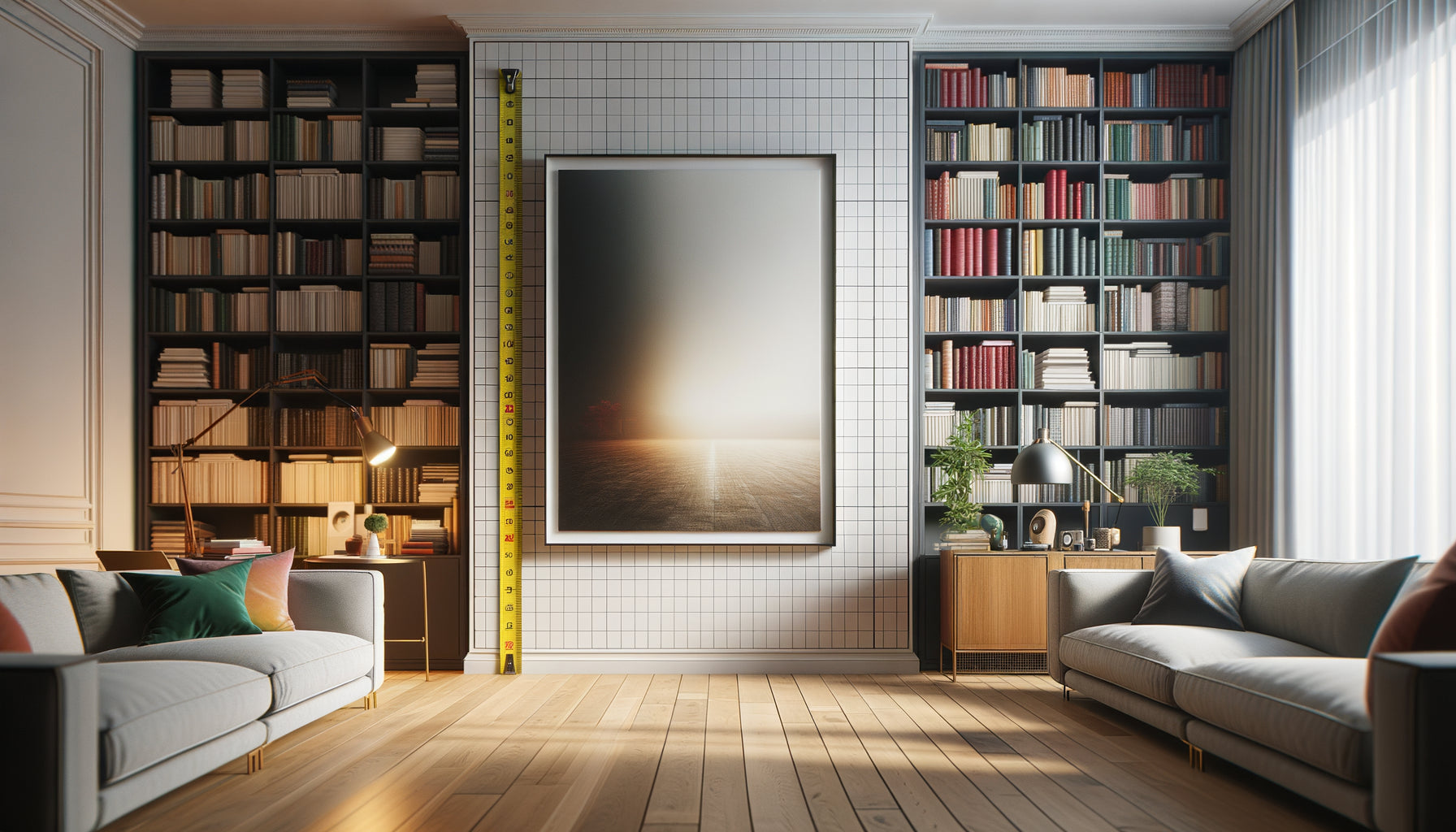 Œuvre encadrée de format adapté visible à 3 mètres face à une bibliothèque fournie en arrière-plan