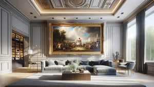 Salon contemporain de 30m² avec grand tableau historique encadré créant un point focal équilibré sur le mur principal