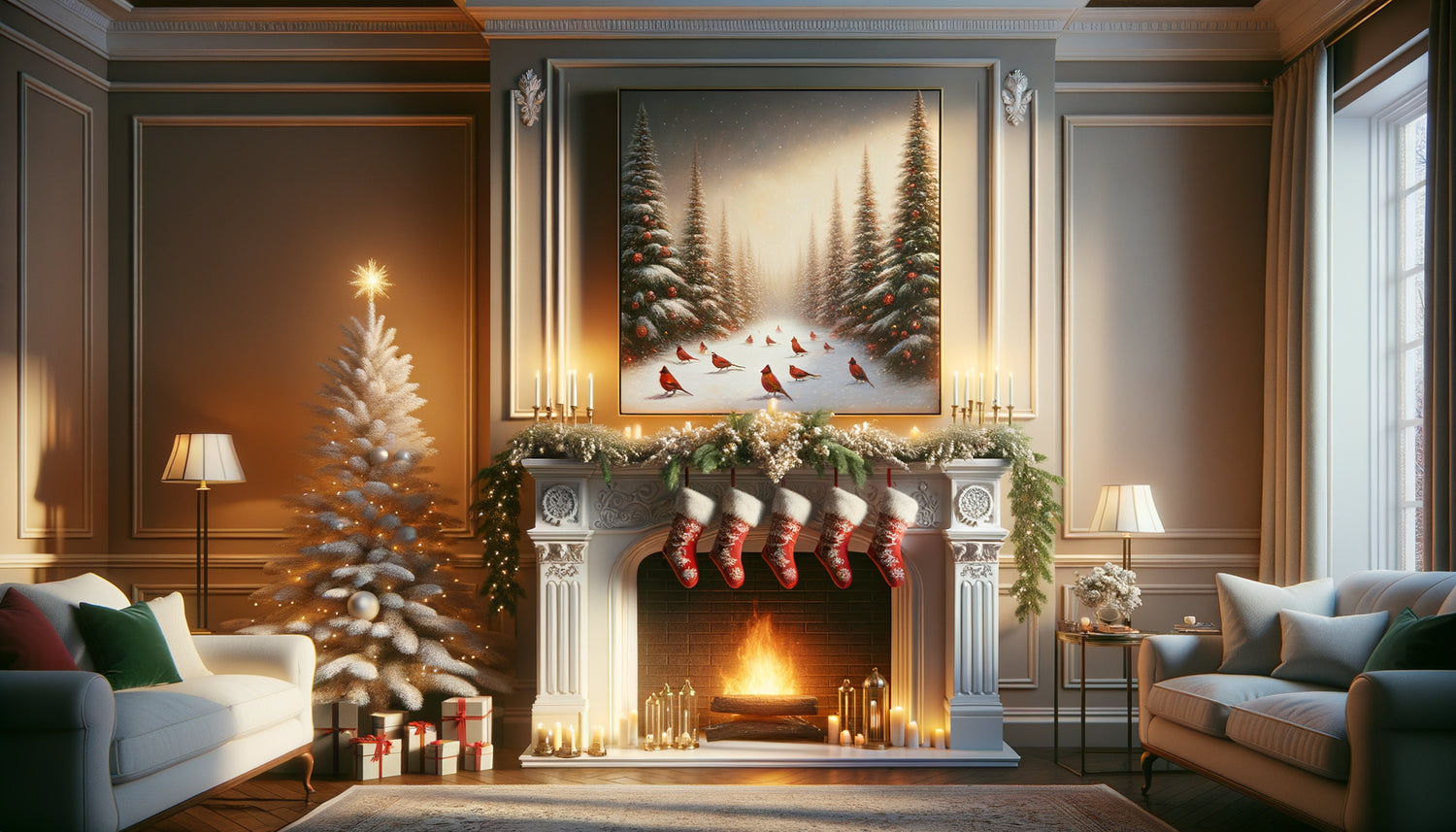 Cheminée de Noël avec tableau vertical au format proportionné selon la règle des deux tiers