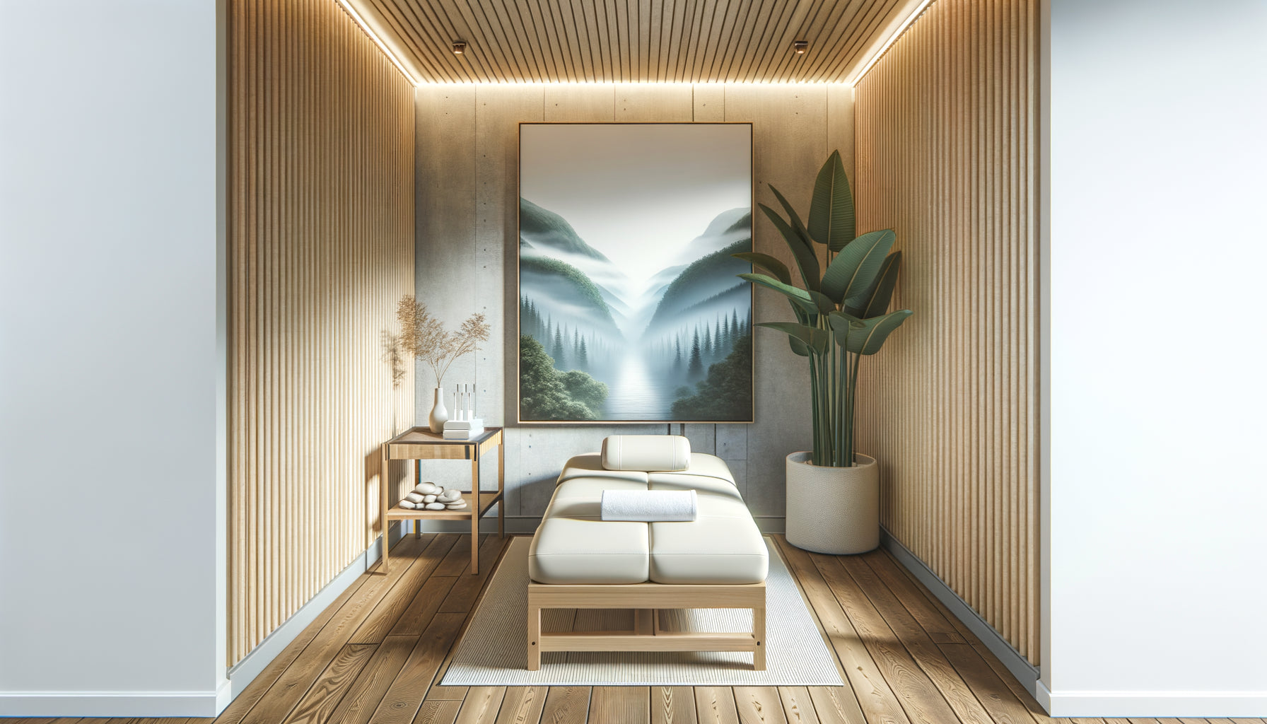Cabine de soin étroite avec tableau panoramique horizontal agrandissant visuellement l'espace thérapeutique moderne