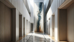 Tableau vertical XXL 60x180cm dans couloir contemporain à haute hauteur sous plafond, perspective monumentale