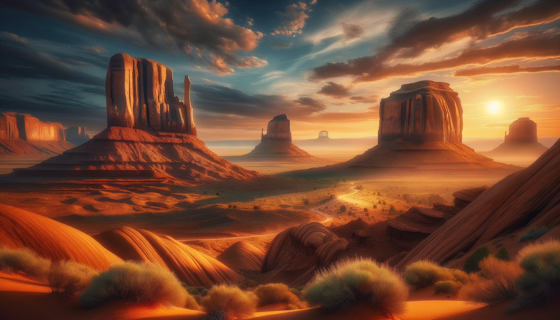 Formation monumentale de grès rouge du sud-ouest américain à l'heure dorée, style iconographique des westerns classiques