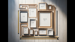 Assortiment de cadres vides aux formats standards 50x70 cm et 40x40 cm disposés avec un mètre ruban