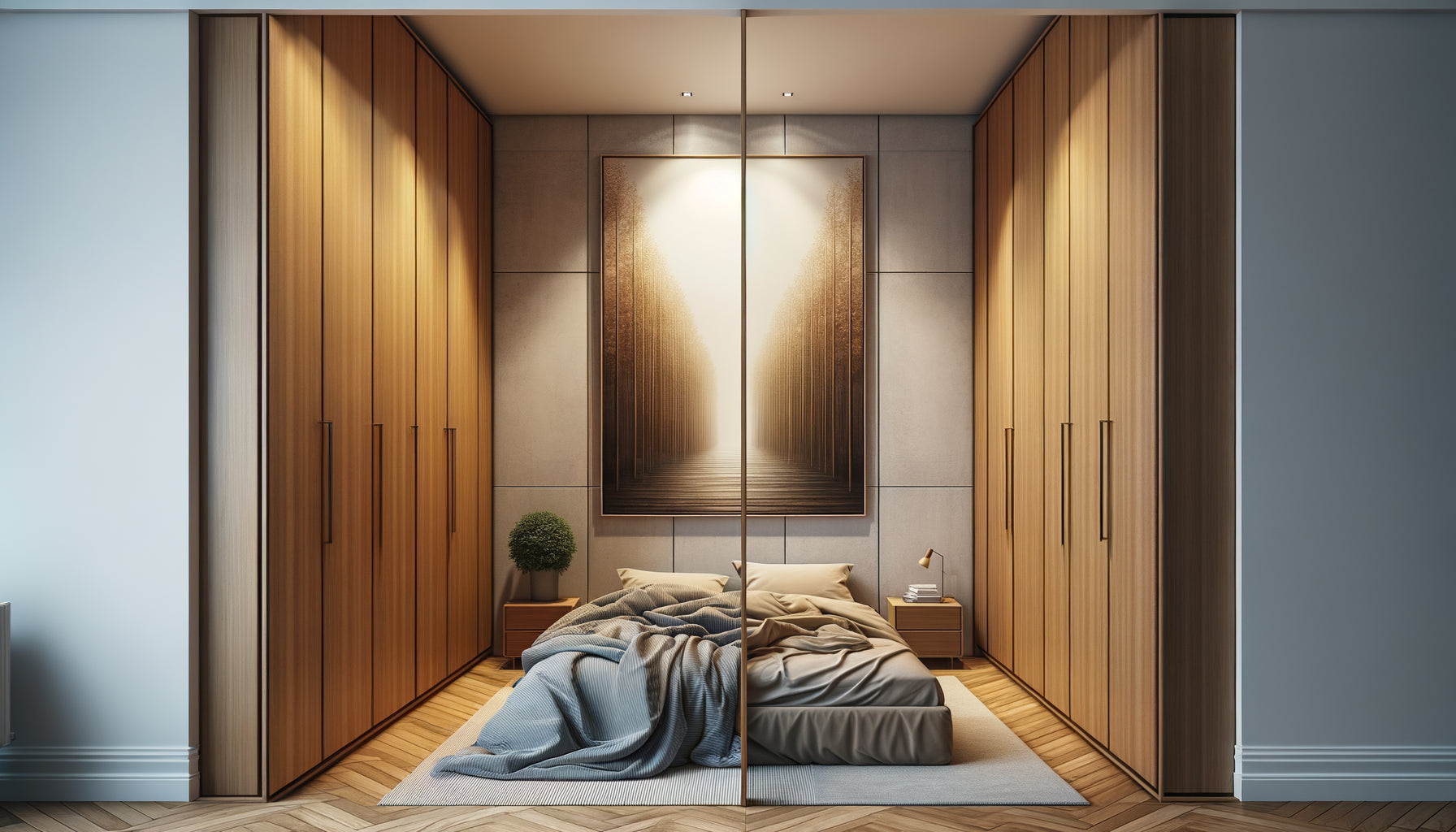 Chambre contemporaine avec armoires murales encombrantes et tableau vertical format adapté créant équilibre visuel