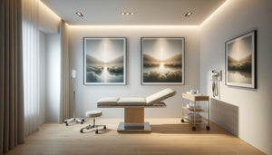 Petite salle d'examen médical moderne avec tableaux décoratifs format 40x60 cm et panoramique 30x90 cm sur mur blanc