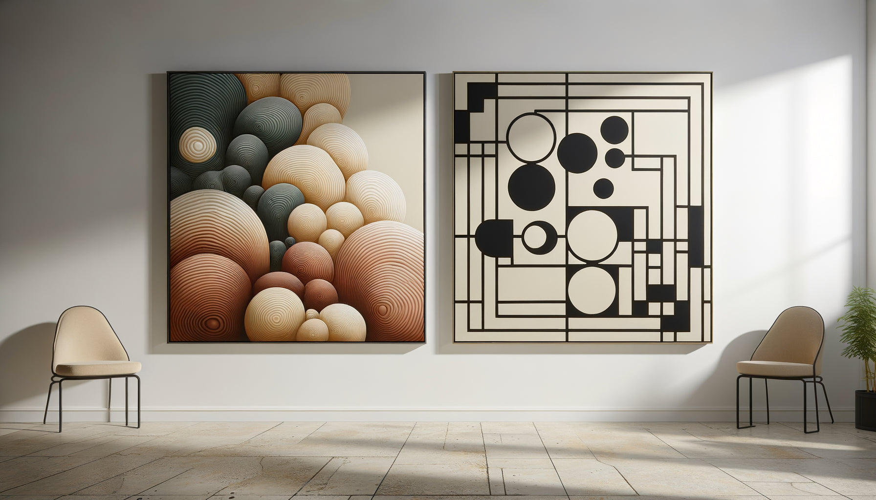 Comparaison visuelle entre tableau aux formes organiques fluides et tableau géométrique strict dans intérieur contemporain