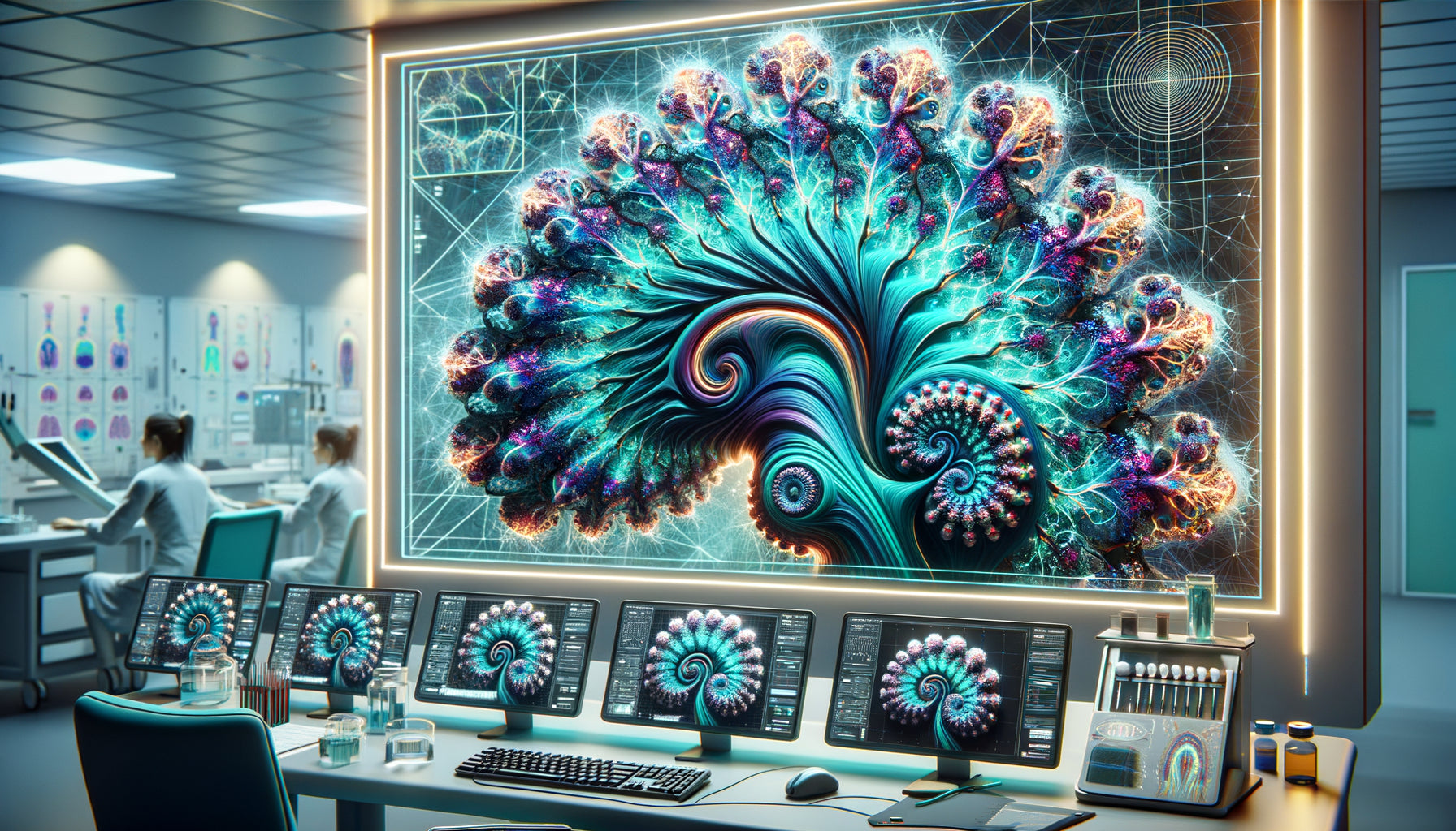 Visualisation médicale moderne montrant des réseaux neuronaux formant des motifs fractals sur imagerie cérébrale diagnostique en neurologie