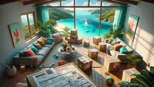 Intérieur maison DOM-TOM avec colis de livraison et décoration, vue océan tropical, facture frais port