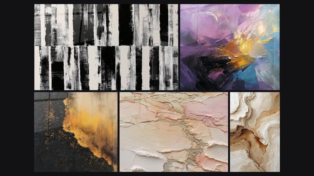 Mosaico di cinque quadri, tra cui Astratto texture beige rosa dorato e Esplosione di colori astratti di