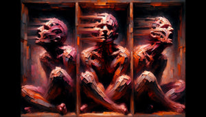 Peinture expressionniste style Francis Bacon avec figure torturée dans structure géométrique, palette rose-orange caractéristique, violence émotionnelle viscérale