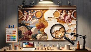 Gros plan comparatif d'une fresque abstraite montrant pigments nobles authentiques versus substituts synthétiques bon marché sous analyse d'expert