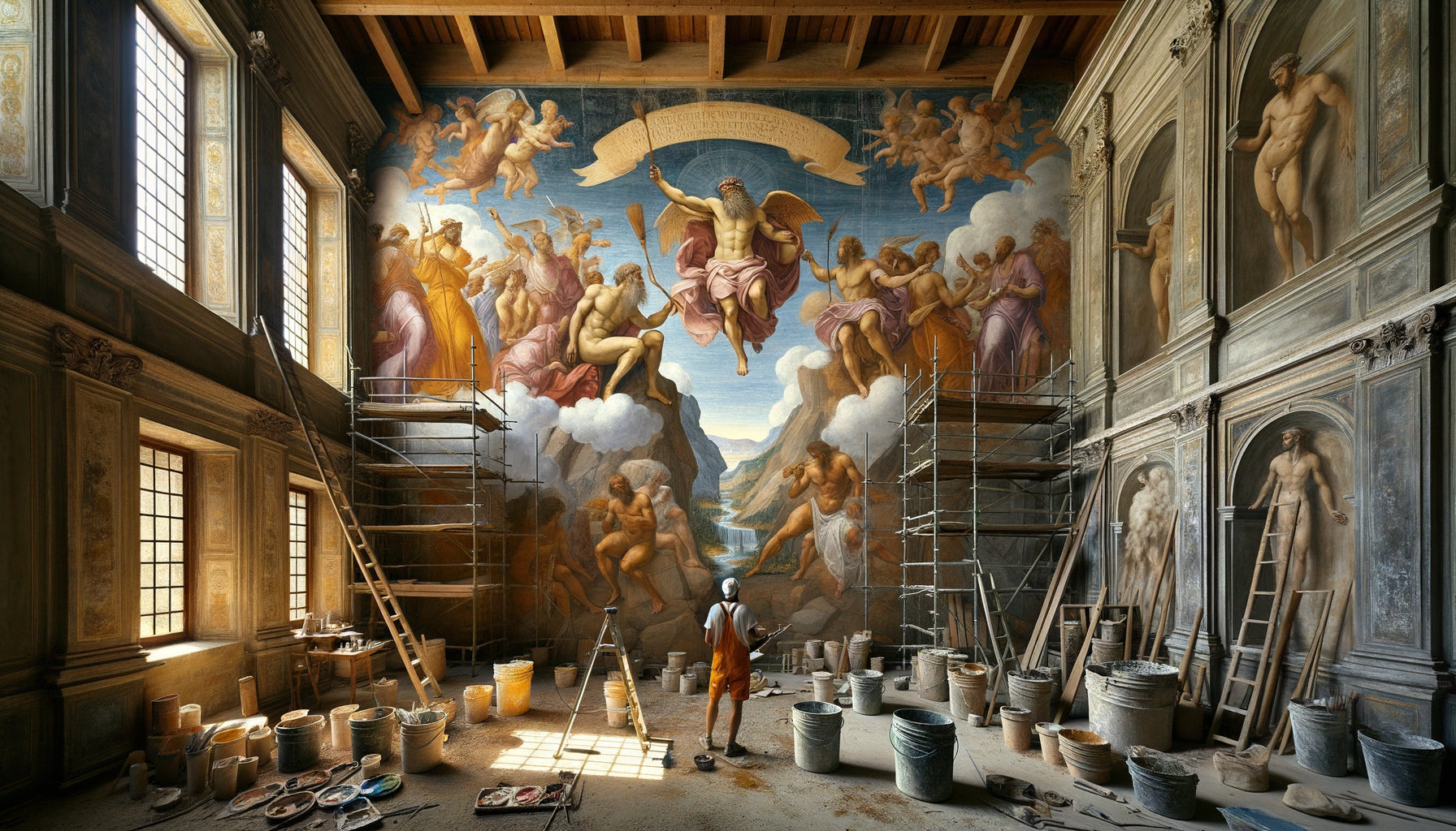 Atelier de fresque Renaissance montrant techniques al fresco et al secco pour scènes mythologiques italiennes du 16ème siècle