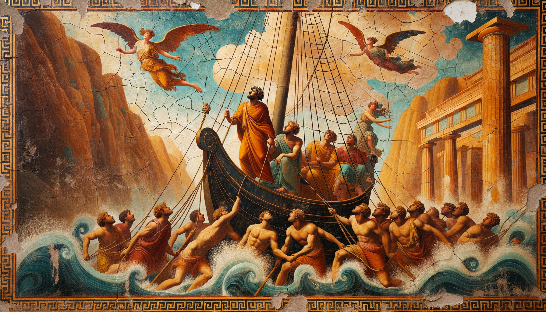 Fresque murale antique gréco-romaine représentant Ulysse face aux Sirènes, pigments anciens partiellement préservés, style Pompéi