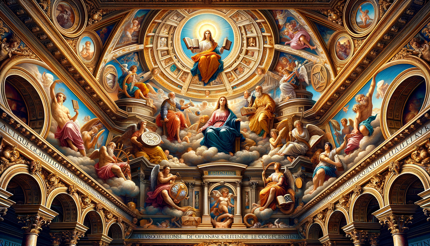 Fresque Renaissance de bibliothèque représentant la hiérarchie des savoirs avec allégories de la Théologie et des sept arts libéraux