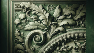 Détail de fresque décorative en camaïeu vert, technique monochrome néoclassique avec motifs végétaux et ornementaux en nuances de vert