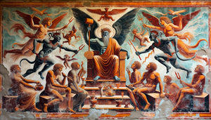 Fresque étrusque authentique du VIe siècle av. J.-C. représentant Charun et les divinités du panthéon étrusque original