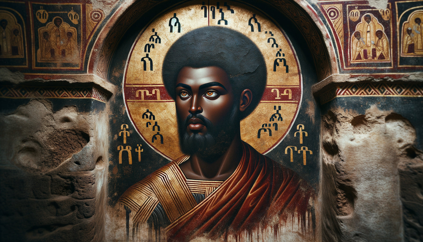 Fresque ancienne d'église de Lalibela représentant un saint chrétien éthiopien à la peau sombre, style iconographique traditionnel médiéval