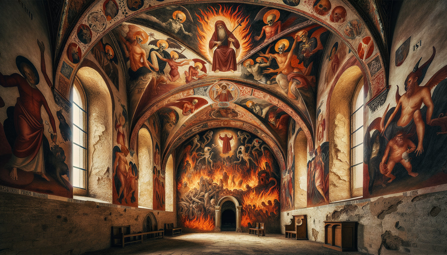 Fresque médiévale gothique représentant l'Enfer avec démons et damnés, style 14ème siècle, pigments naturels sur mur d'église