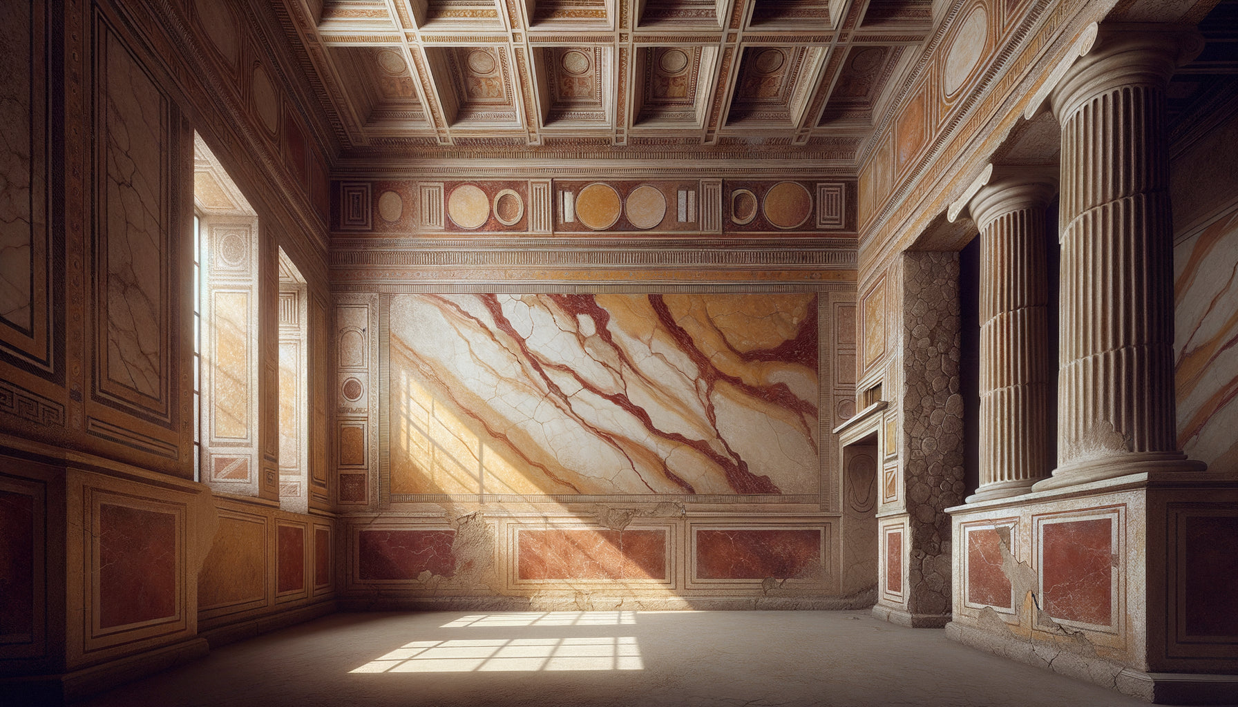 Fresque monochrome romaine de Pompéi imitant des panneaux de marbre par technique de trompe-l'œil, 1er siècle