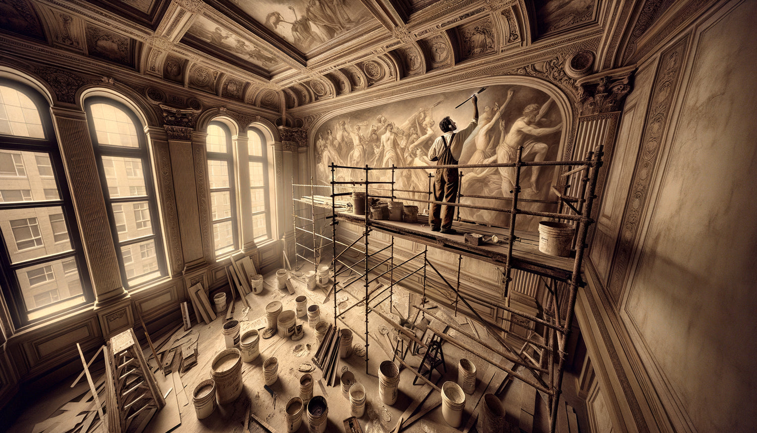 Artiste fresquiste travaillant sur échafaudage pour fresque monumentale de plafond d'hôtel Belle Époque, années 1920-1930