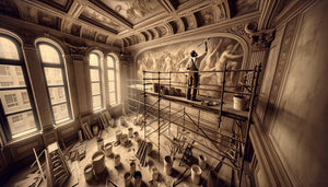 Artiste fresquiste travaillant sur échafaudage pour fresque monumentale de plafond d'hôtel Belle Époque, années 1920-1930