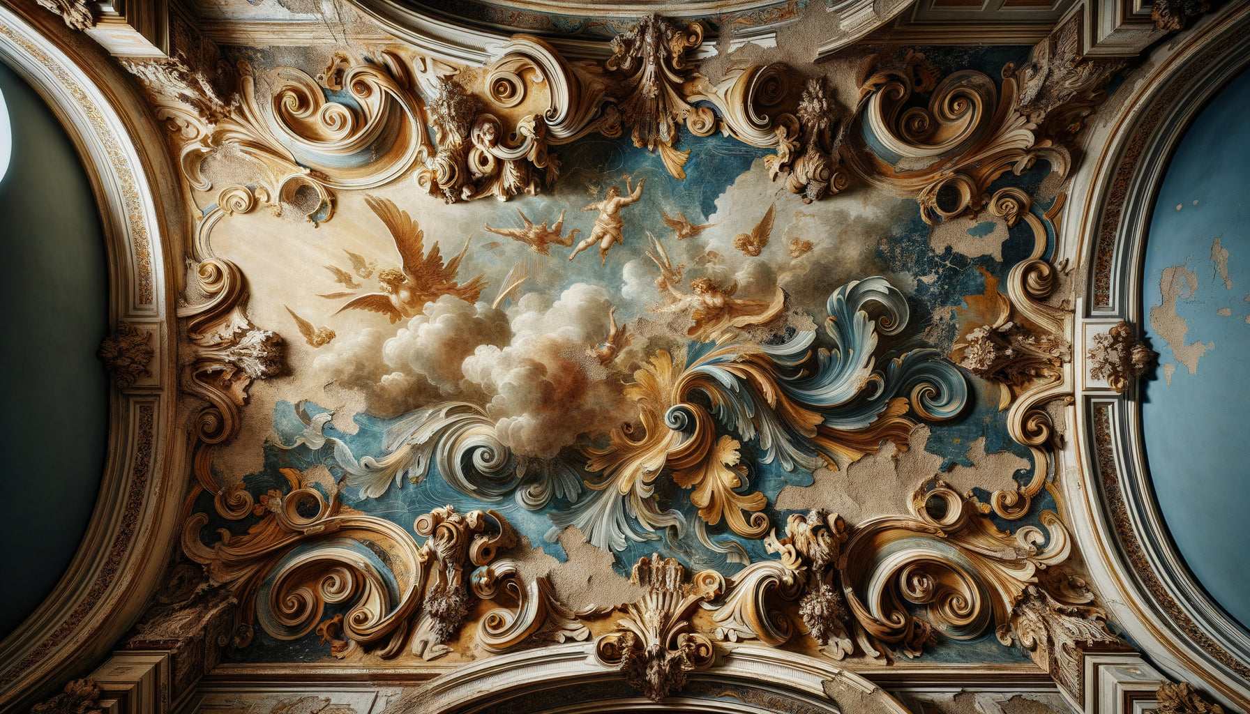 Fresque murale baroque du 18e siècle en état de dégradation avec ornements dorés et pigments écaillés nécessitant évaluation patrimoniale