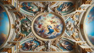 Fresque murale palatiale peinte sur plâtre, style baroque avec ornements dorés et scène mythologique aux couleurs riches
